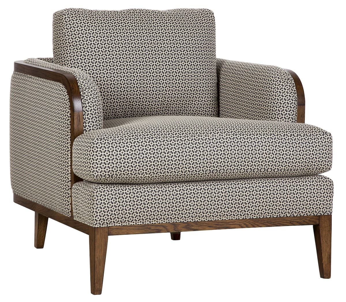 A contemporary upholstered armchair featuring an exposed dark wood frame that outlines the arms and lower base, complementing its patterned fabric. The chair includes a loose seat cushion and a loose back cushion, both covered in a small, repeating geometric pattern of off-white and dark brown. The legs are made of matching dark wood and are tapered, providing a stable and stylish foundation. The design combines comfort with a modern aesthetic. — 3D model