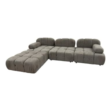 A sectional sofa with a modular design, featuring tufted cushions and rounded armrests. The sofa is upholstered in a textured fabric and has a low profile. It appears to be configured in an L-shape, with one section extending outwards as a chaise or extended seating area. — 3D model