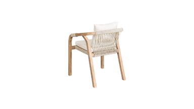 A wooden armchair with a woven seat and back support. It features curved wooden arms and legs, and includes a plush white cushion for the seat and a matching pillow for the back. The seat support is made of a tightly woven natural fiber material. — 3D model