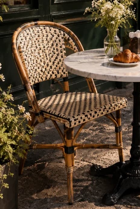 A classic French bistro-style dining chair, featuring a natural bamboo or rattan frame with a curved backrest and integrated arms. The seat and back are woven with a black and light-colored synthetic material, creating a distinctive criss-cross or checkerboard pattern. Black banding is visible at several joints on the frame. The chair has four legs with stretchers for stability and is positioned outdoors next to a marble-topped cafe table. — 3D model