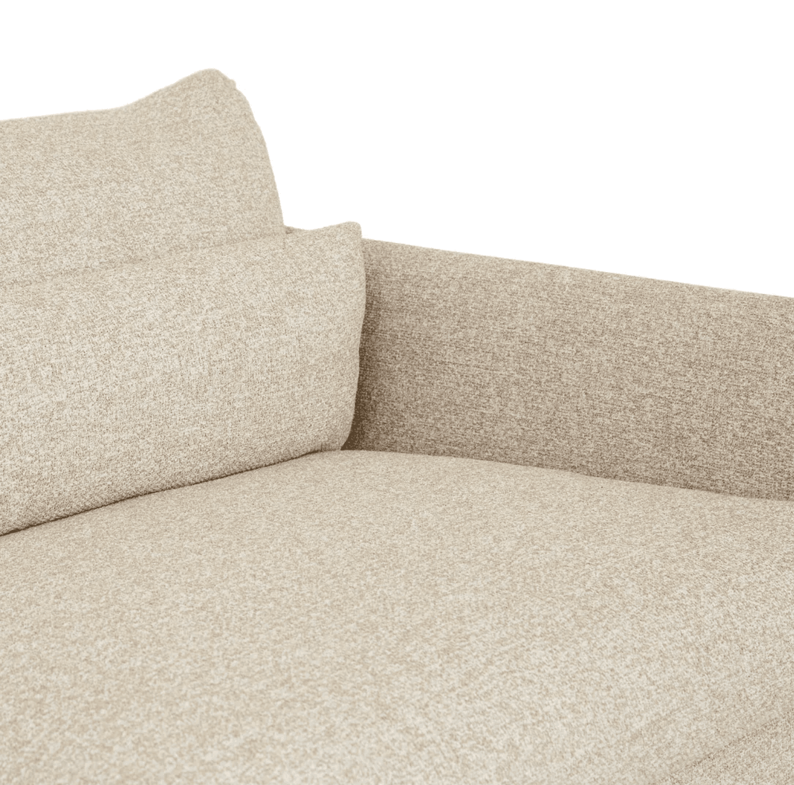 A close-up view of an upholstered sofa section, characterized by its light beige, textured fabric. The image shows a seat cushion, a plush back cushion, and a low, wide armrest, suggesting a comfortable and modern design. The fabric has a subtle woven pattern, giving it depth and visual interest. — 3D model