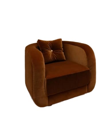 A generously proportioned, single-seater lounge chair upholstered in a rich brown velvet fabric, featuring a distinct rounded silhouette for both the armrests and backrest. It includes a separate seat cushion, a back cushion, and a matching, button-tufted throw pillow, all contributing to a plush and inviting aesthetic. — 3D model