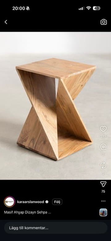 A modern, geometric side table with a unique twisted design. The table features a square top and a base that appears to twist or spiral downwards, creating open shelving areas. The construction is seamless, suggesting a solid wood build or expertly joined veneers. — 3D model