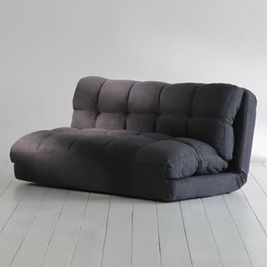 A contemporary, floor-level futon sofa designed for versatility and comfort, upholstered in a dark gray tufted fabric. It features a segmented design that allows for an adjustable backrest, suggesting functionality as both a seating option and a reclining or sleeping surface. The cushioning is substantial, providing a plush appearance. Its compact, legless form factor makes it suitable for various living arrangements. — 3D model