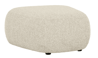 A contemporary upholstered ottoman with a rounded, pill-shaped silhouette, covered in a light beige boucle fabric, resting on small dark feet. — 3D model