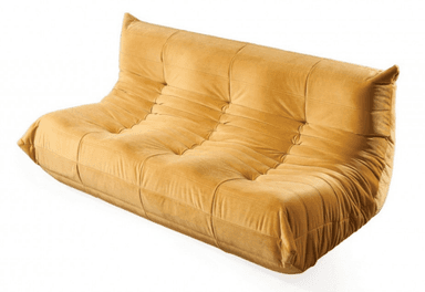 A mustard yellow corduroy upholstered sofa with a distinctive pleated and tufted design, an all-foam construction, and a low-slung profile. — 3D model