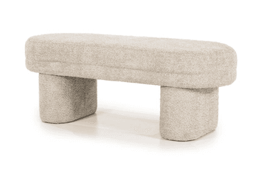 A modern, upholstered bench with a textured boucle fabric. The bench has a low profile and features two cylindrical legs that support a rectangular, elongated seat. The overall design is minimalist and contemporary, with rounded edges. — 3D model
