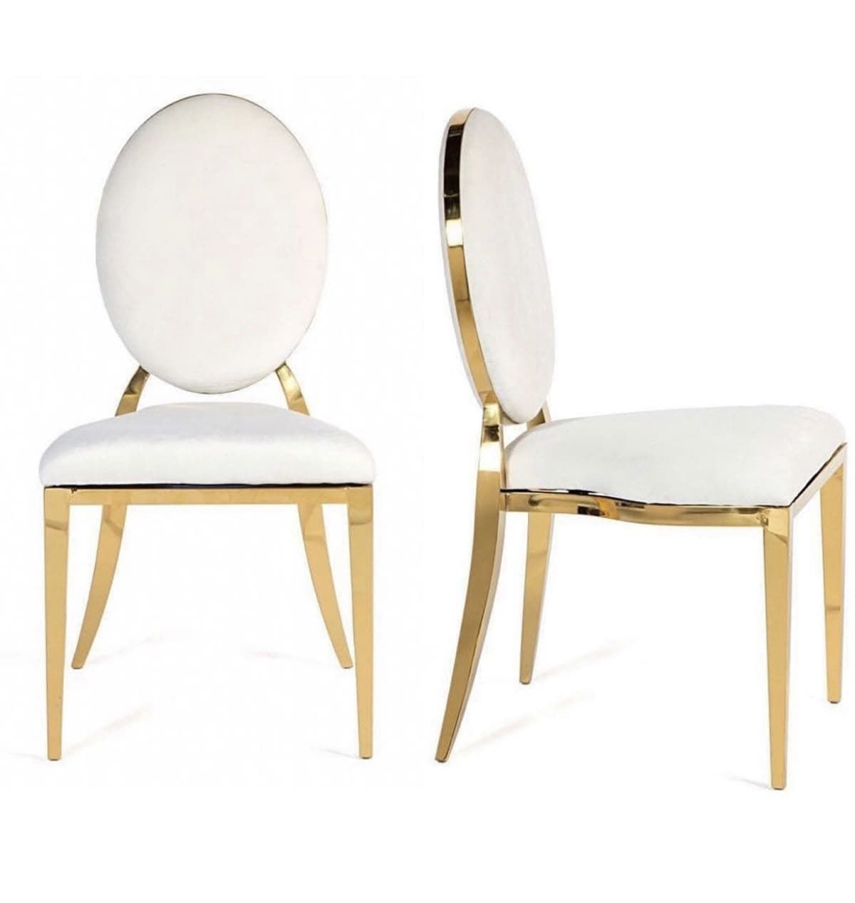 A set of two modern dining chairs with a distinctive oval-shaped tufted backrest and a square upholstered seat. The frame and legs are constructed from polished gold-toned metal, providing a luxurious contrast to the white upholstery. — 3D model