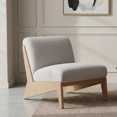 An armless lounge chair featuring light gray fabric upholstery on the seat and a gently angled backrest, supported by a distinctive exposed light-toned wooden frame that extends to form the legs. — 3D model