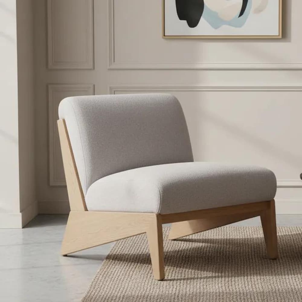 An armless lounge chair featuring light gray fabric upholstery on the seat and a gently angled backrest, supported by a distinctive exposed light-toned wooden frame that extends to form the legs. — 3D model