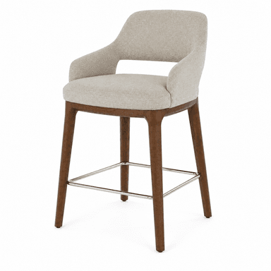 A modern bar stool with a upholstered seat and backrest, supported by wooden legs and a metal footrest. — 3D model
