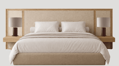 A modern platform bed featuring an extended upholstered headboard with a light wood frame. The headboard incorporates floating nightstands on both sides, each equipped with an integrated bedside lamp. The bed base is also upholstered in a matching neutral fabric. The bedding is white with a beige throw. — 3D model