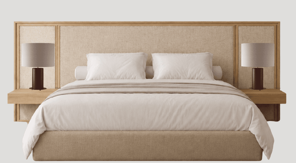 A modern platform bed featuring an extended upholstered headboard with a light wood frame. The headboard incorporates floating nightstands on both sides, each equipped with an integrated bedside lamp. The bed base is also upholstered in a matching neutral fabric. The bedding is white with a beige throw. — 3D model