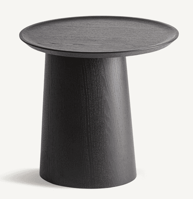 A modern side table featuring a dark-stained wood construction with a round, slightly dished top and a single, tapering pedestal base. The wood grain is visible through the dark finish. — 3D model