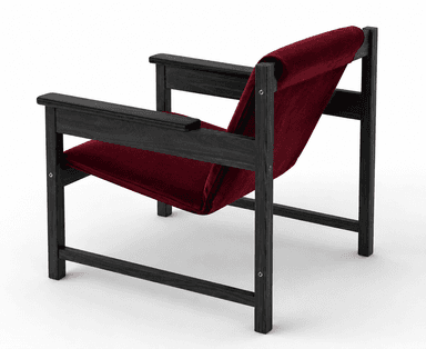 A modern armchair with a dark-stained wooden frame and a deep red upholstered seat and back. The frame features a minimalist design with straight lines and visible joinery details. The upholstery appears to be a soft, textured fabric. — 3D model