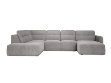 A large, modular sectional sofa with a chaise lounge attachment. The sofa features multiple seating sections with plush cushions and a textured fabric upholstery. It has a low-profile design with clean lines and appears to be a contemporary style. — 3D model