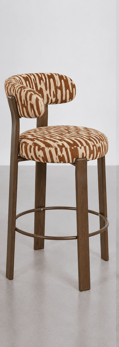 A contemporary bar stool featuring a dark wood frame and distinctive zebra-print upholstery. The stool has a circular padded seat and a curved, embrace-like backrest, both covered in a brown and beige animal pattern. The frame consists of four sturdy wooden legs, reinforced by a circular metal footrest positioned at a fixed height. The overall design suggests a blend of modern aesthetics with an eclectic or bold accent provided by the upholstery. — 3D model