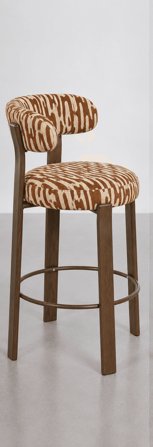 A contemporary bar stool featuring a dark wood frame and distinctive zebra-print upholstery. The stool has a circular padded seat and a curved, embrace-like backrest, both covered in a brown and beige animal pattern. The frame consists of four sturdy wooden legs, reinforced by a circular metal footrest positioned at a fixed height. The overall design suggests a blend of modern aesthetics with an eclectic or bold accent provided by the upholstery. — 3D model