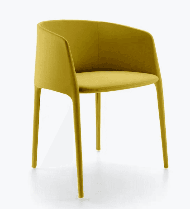 A contemporary armchair with a smoothly integrated backrest and armrests, fully upholstered in a chartreuse fabric, supported by four slender, tapered legs, and featuring a separate seat cushion. — 3D model
