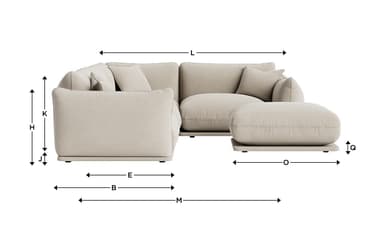 A light sage green modular sectional sofa featuring a low-profile base and plush, rounded upholstered cushions. The sofa is arranged in an L-shape configuration, accompanied by a matching square ottoman placed in front. The design emphasizes comfort and a minimalist contemporary aesthetic, with soft lines and a cohesive color palette. — 3D model