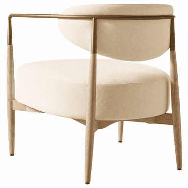 A contemporary upholstered armchair featuring a cream-colored textured fabric, a frame constructed from light-toned wood, and slender dark metal armrests. The chair has a rounded backrest and thick seat cushion, supported by four tapered wooden legs. — 3D model