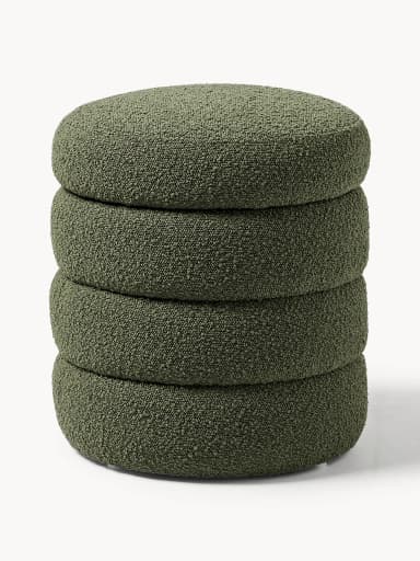Four round, olive-green upholstered poufs or floor cushions stacked vertically, featuring a distinctively textured, bouclé-like fabric. — 3D model