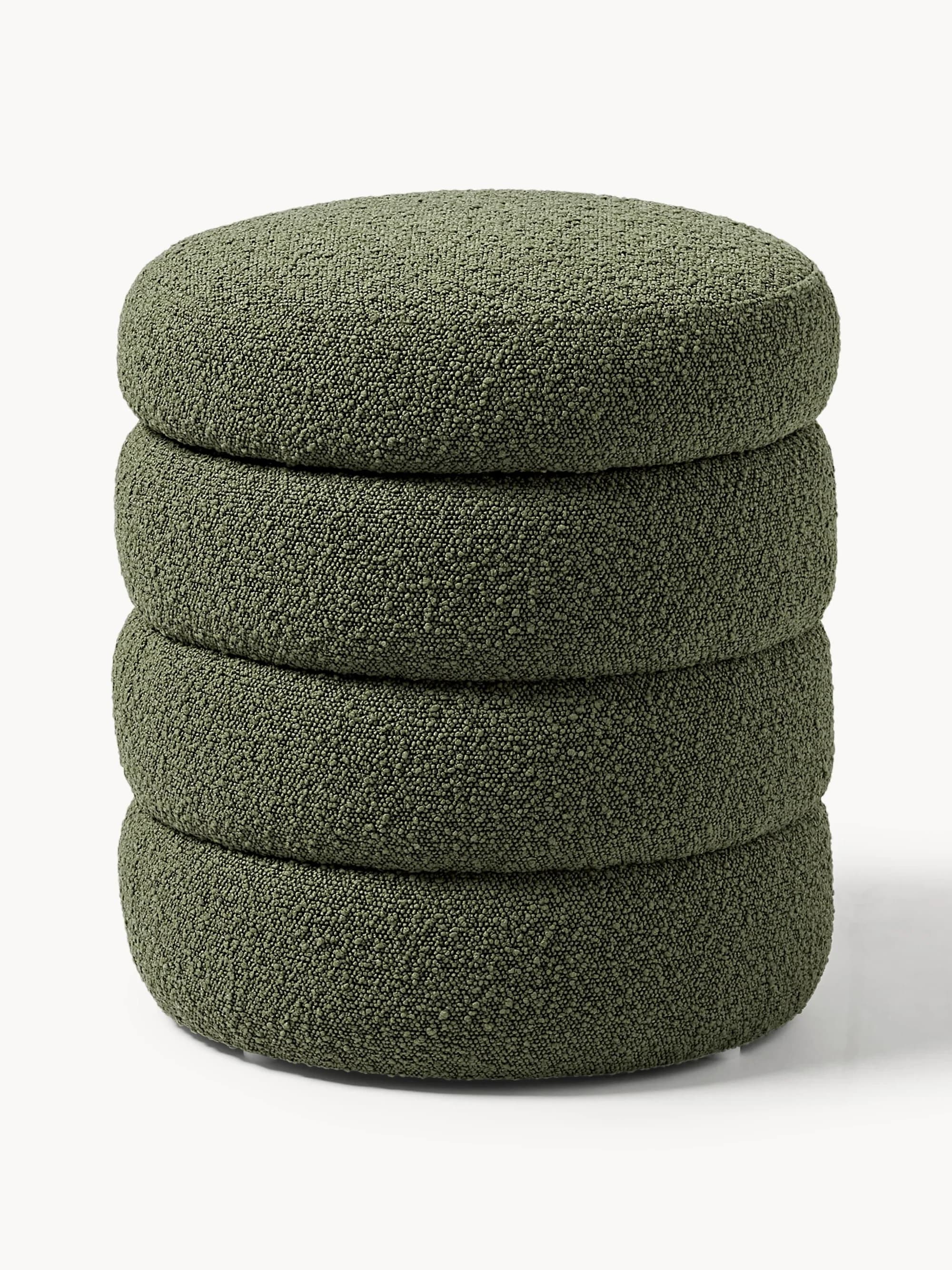 Four round, olive-green upholstered poufs or floor cushions stacked vertically, featuring a distinctively textured, bouclé-like fabric. — 3D model