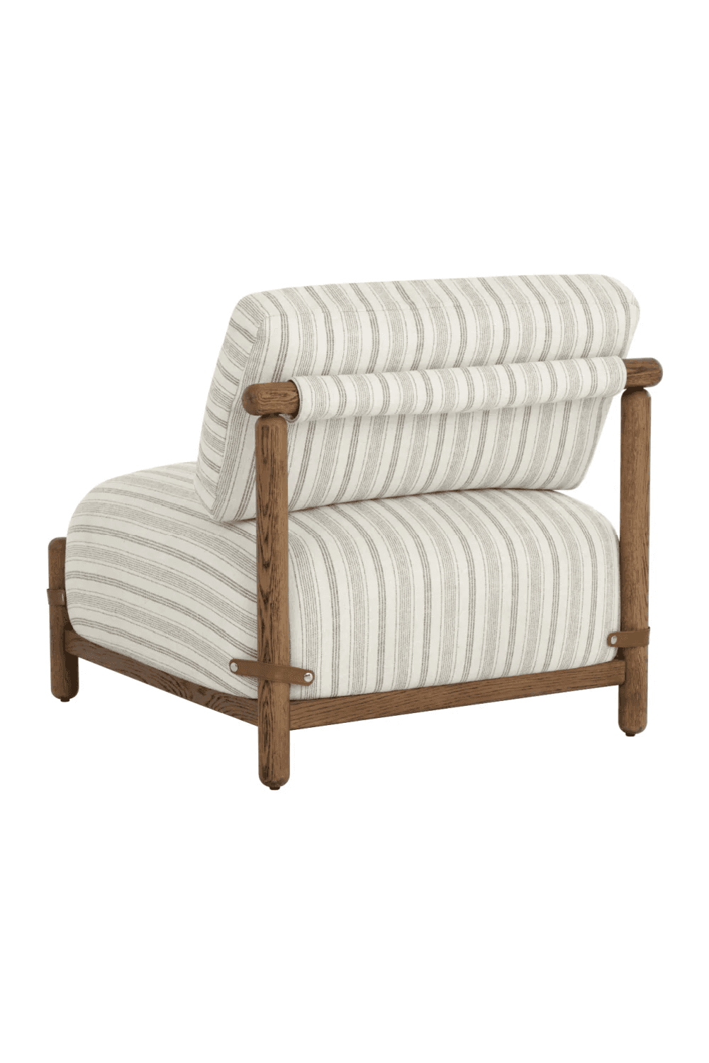 A single armchair with a wooden frame and upholstered seating and backrest. The upholstery features a vertical stripe pattern in white and gray. The frame is constructed from thick, round wooden legs and horizontal supports, with additional leather straps securing the backrest. — 3D model