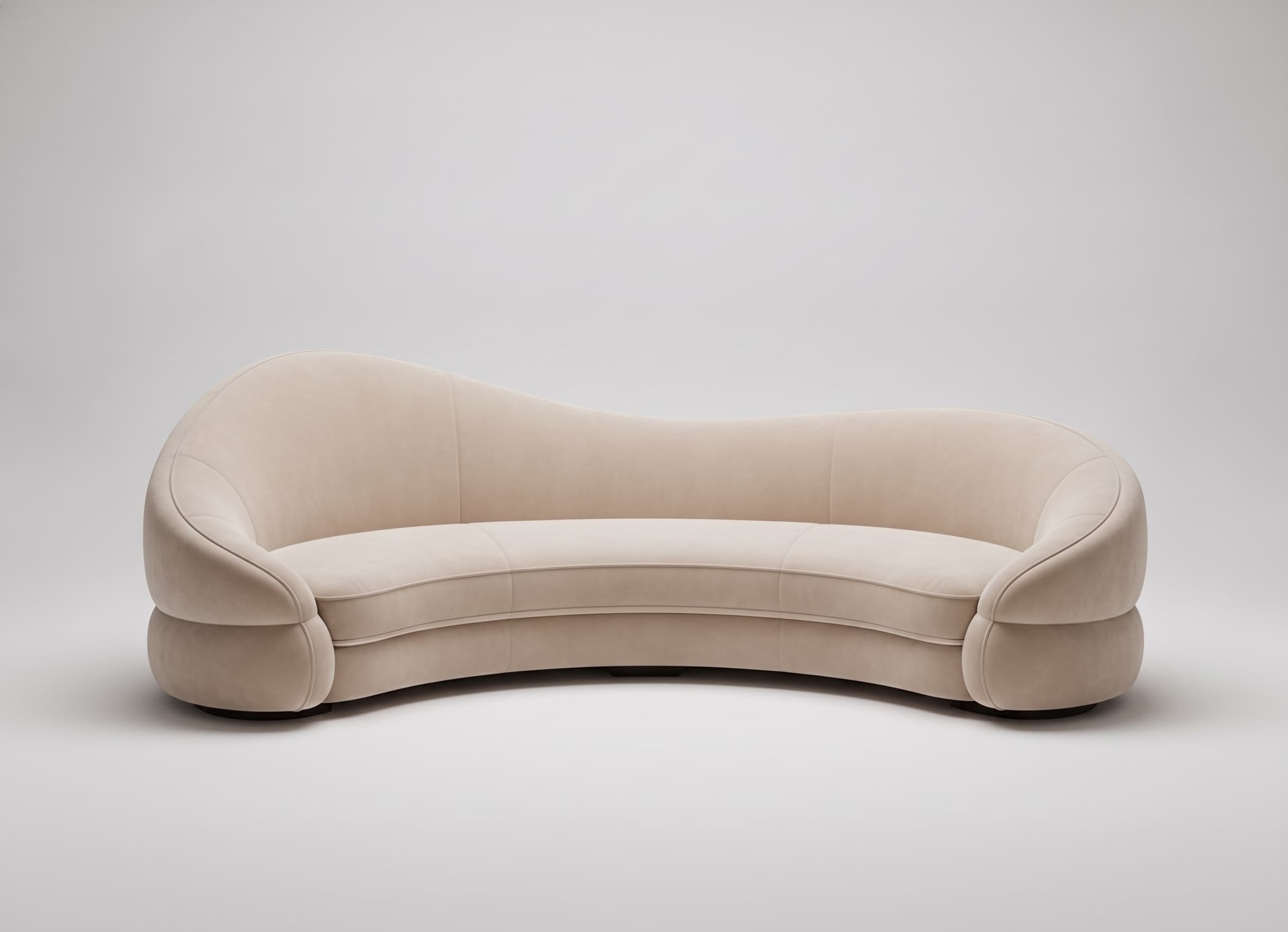 A large, modern curved sofa upholstered in a light cream velvet fabric, featuring a continuous backrest and arms, and a recessed plinth base. — 3D model