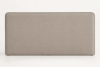 A rectangular upholstered headboard in a light beige fabric with subtle dark piping along its rounded edges and small integrated feet. — 3D model
