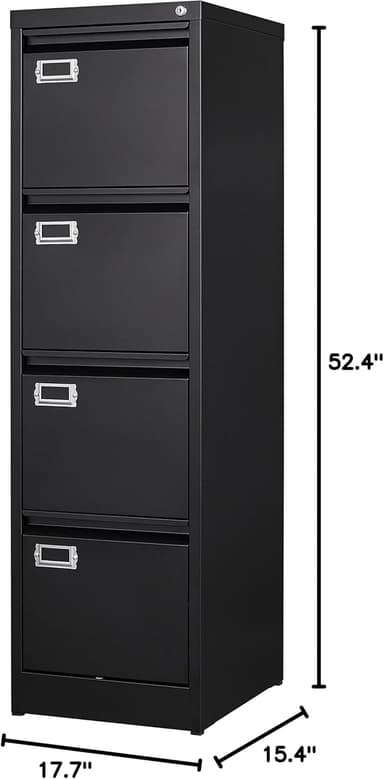 A tall, black, four-drawer vertical filing cabinet made of metal. Each drawer features a recessed handle and an integrated label holder. There is a central locking mechanism located on the top drawer, suggesting it locks all drawers simultaneously. The design is utilitarian and functional, characteristic of office furniture. — 3D model