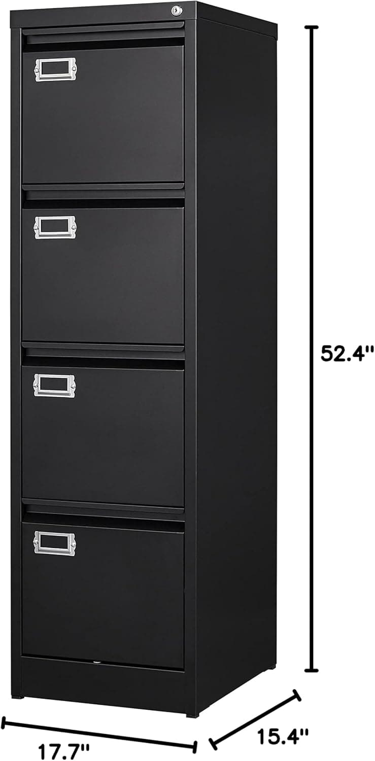 A tall, black, four-drawer vertical filing cabinet made of metal. Each drawer features a recessed handle and an integrated label holder. There is a central locking mechanism located on the top drawer, suggesting it locks all drawers simultaneously. The design is utilitarian and functional, characteristic of office furniture. — 3D model