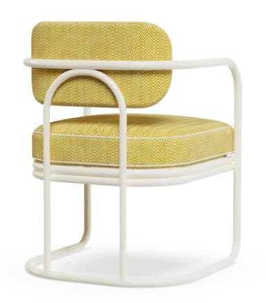 A modern armchair featuring a white tubular metal frame and yellow herringbone fabric upholstered seat and back cushions. — 3D model