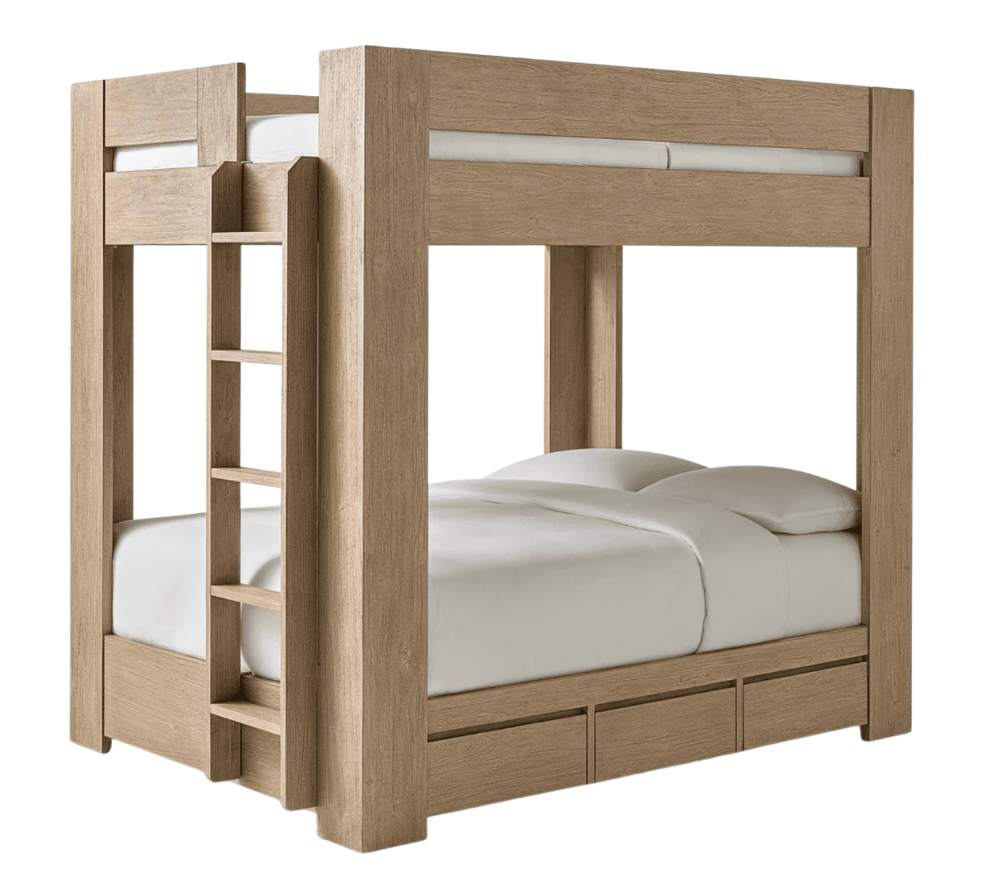 A sturdy wooden bunk bed with a natural wood finish. It features two sleeping levels, a ladder for access to the upper bunk, and integrated storage drawers beneath the lower bed. The design is contemporary and functional. — 3D model
