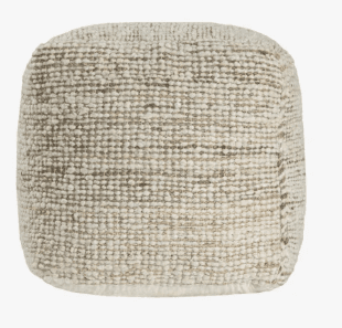 A cube-shaped pouf featuring a chunky, woven textile exterior in a neutral cream and natural beige color palette, providing a textural and versatile seating or footrest option. — 3D model