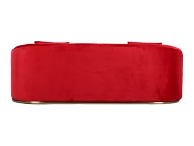 A modern red velvet sofa with a curved back and armrests. The back features vertical channeling, and it comes with three throw pillows: two square and one rectangular. The sofa is elevated by a thin, polished metallic base. — 3D model