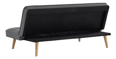 A gray upholstered futon or convertible sofa, shown from the rear with its backrest angled in a partially reclined position. The visible upholstery on the seat is a medium gray fabric with subtle tufting, while the rear of the backrest is covered in a plain black non-woven fabric, indicating its design for conversion. It stands on four light-colored, tapered wooden legs. — 3D model