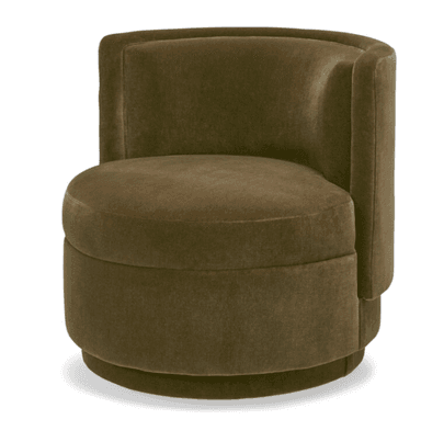 A contemporary armchair with a curved back and a rounded seat. The chair features a two-tone upholstery, with a light pink fabric on the seat and inner backrest, and a taupe-colored fabric on the outer backrest and base. The base is cylindrical and tiered. — 3D model