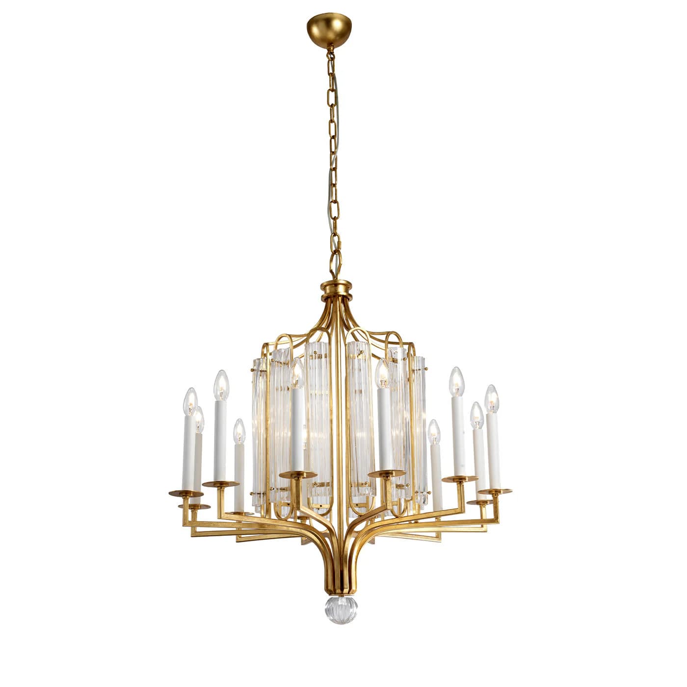 A gold-toned chandelier featuring multiple candle-shaped bulbs and clear, cylindrical glass shades. The chandelier is suspended by a metal chain and has a decorative glass element at its base. — 3D model