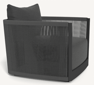 A contemporary upholstered lounge chair featuring a boxy silhouette with dark grey fabric cushions and a structured, dark-finished frame. — 3D model