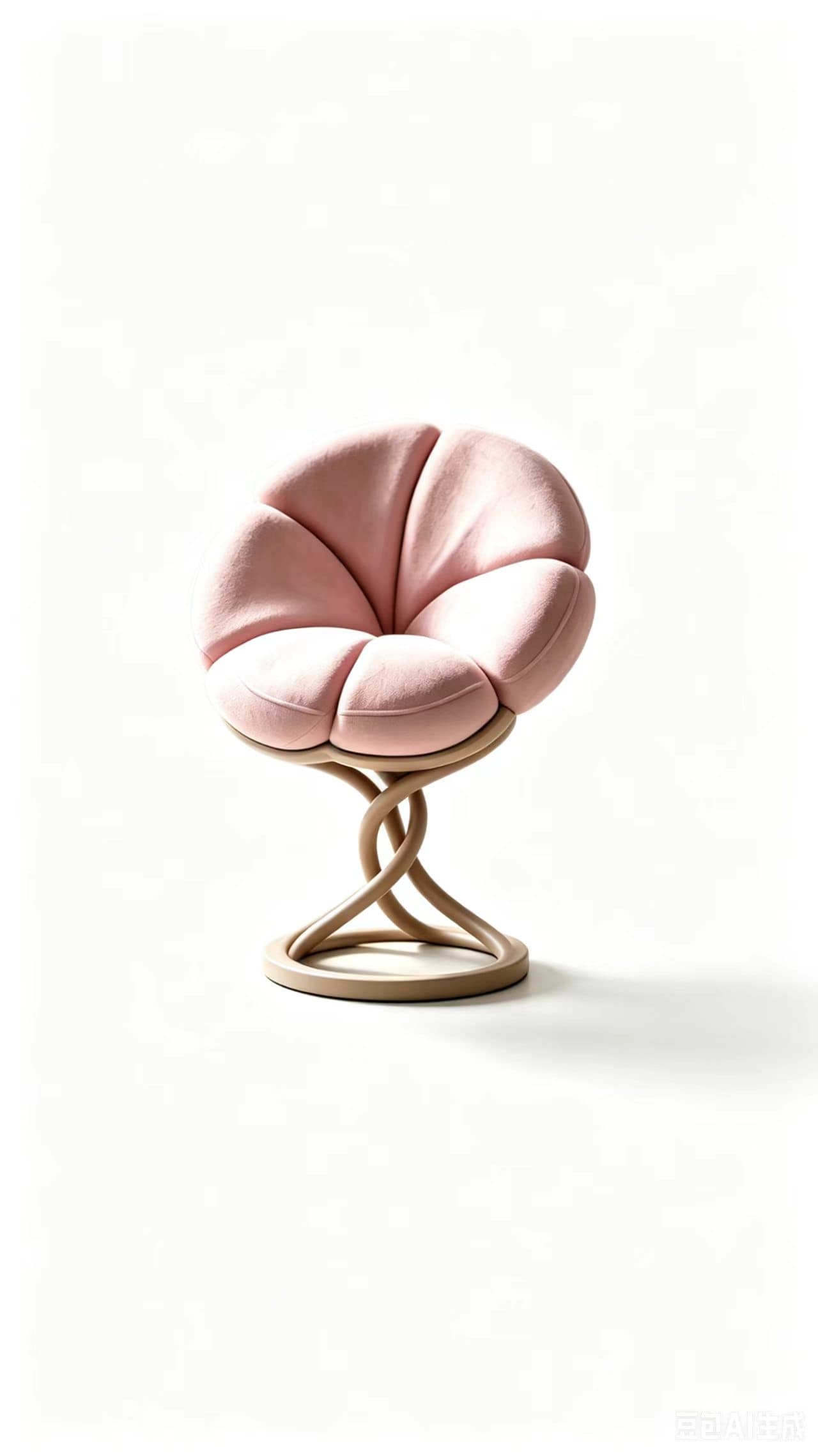 A modern sculptural lounge chair featuring a unique petal-shaped upholstered seat in pink, supported by an intricately twisted light-colored base. — 3D model