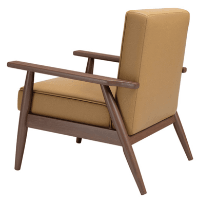 A mid-century modern style armchair featuring an exposed wooden frame, a tufted upholstered back, and flat wooden armrests, with tapered legs. — 3D model