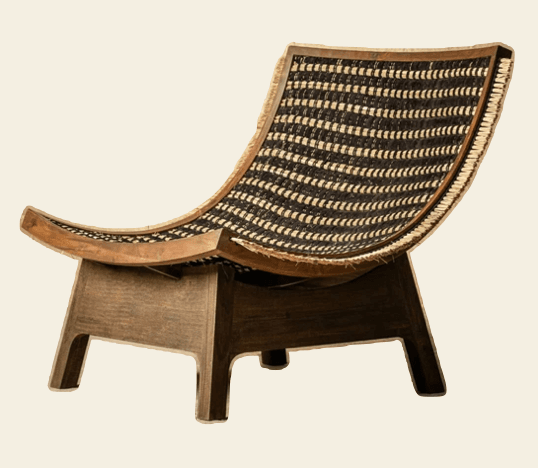 A lounge chair with a curved wooden frame supporting a woven seat and backrest. The seat and backrest are integrated into a single undulating surface. The base is constructed from dark stained wood with a minimalist, angular design. — 3D model