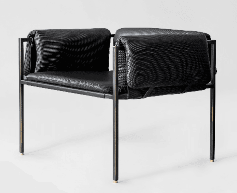 A modern armchair featuring a dark metal frame with slender legs. The seat and backrest are upholstered in black material. The backrest is composed of two plush, quilted cushions that appear to be made of leather or a similar material, secured by straps. The frame has subtle brass accents at the leg bases and where the backrest meets the frame. — 3D model