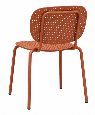 An armless modern dining chair constructed entirely from terracotta orange powder-coated metal. The seat and backrest feature a distinctive perforated pattern of small circular holes. The chair has a slightly curved back and four straight tubular legs, capped with black glides, suggesting a durable and stackable design suitable for indoor or outdoor use. — 3D model