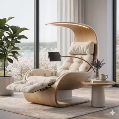 A modern, ergonomic reclining lounge chair featuring a distinctive bentwood frame, tufted upholstered cushions with a lavender floral pattern, an integrated overhead canopy with lighting, a retractable footrest, and an adjustable tablet holder. — 3D model
