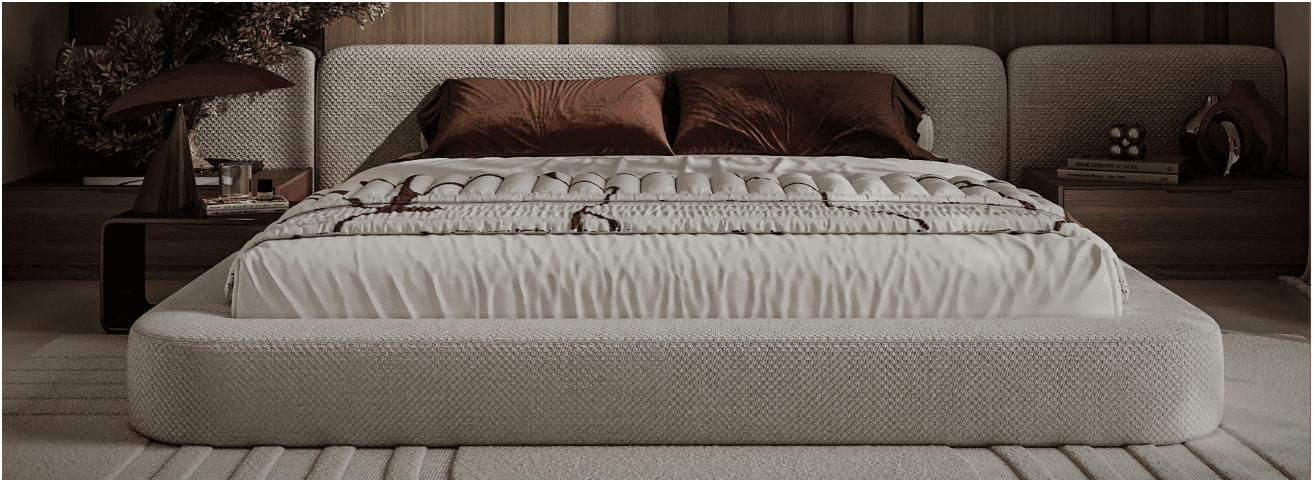 A modern upholstered platform bed featuring a low-profile design, integrated headboard, and soft, rounded edges, all covered in a light beige/greige textured fabric. — 3D model