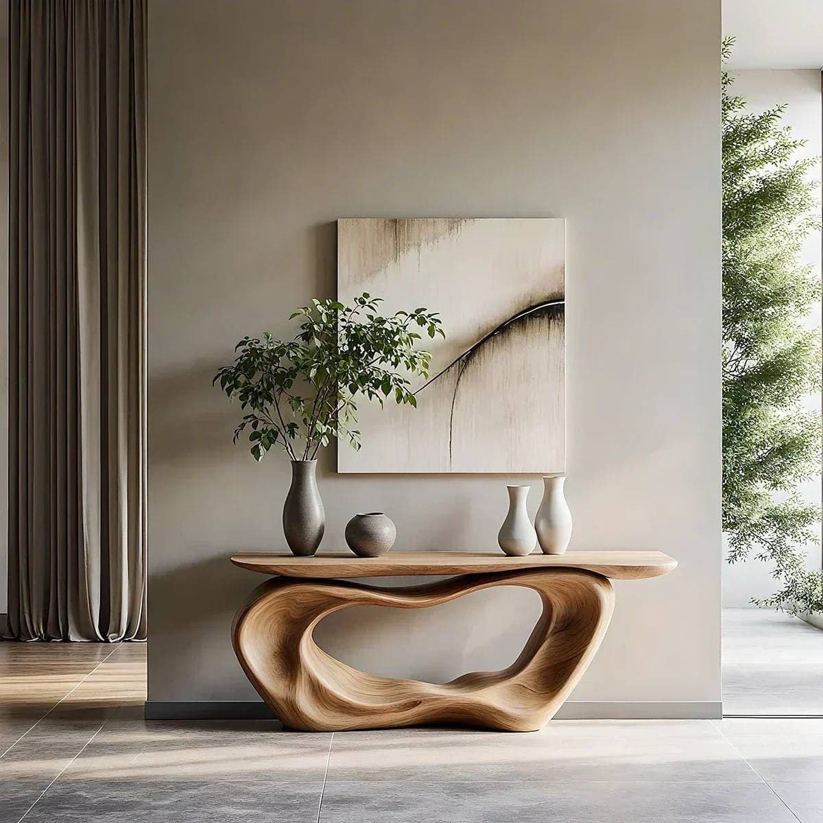 A narrow, light-toned wooden table featuring a highly sculptural and organic base that seamlessly transitions into the tabletop. The design showcases fluid lines and a continuous form. — 3D model