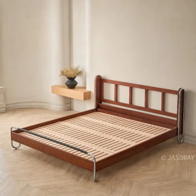 A modern bed frame made of dark brown wood with a slatted headboard and integrated silver-tone metal accents forming parts of the frame and a footrest. — 3D model