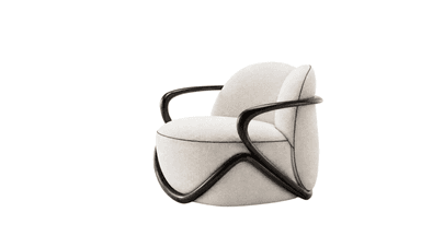 A modern upholstered armchair featuring a striking dark, sculptural wooden frame that integrates the armrests and supports the quilted, light-colored fabric seat and backrest. — 3D model